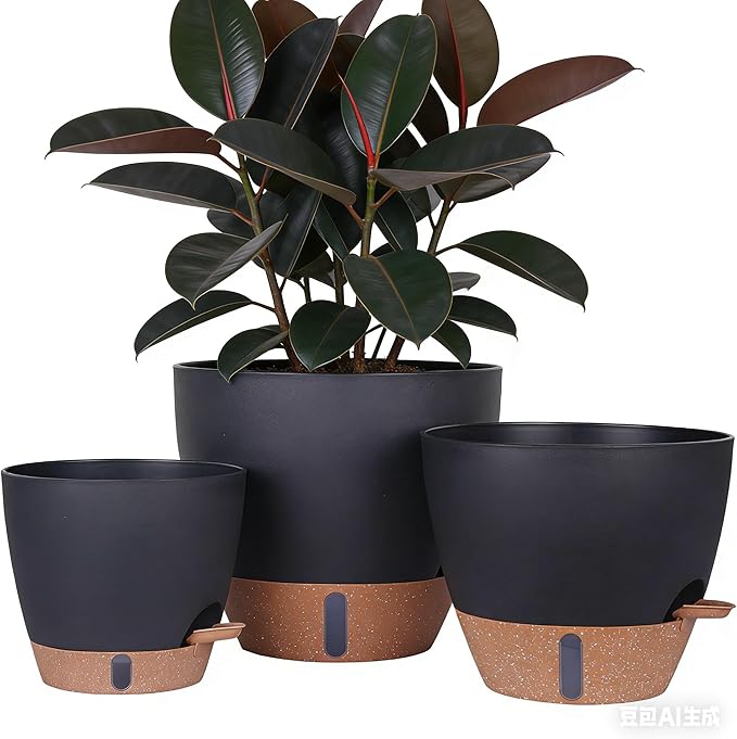 HEJIYUE Large Plant Pot, Self Watering Pots for Indoor Plants, 8/10/12 Inch Plastic Planters with Water Level Indicator, Drainage Holes & Deep Reservoir, Modern Decorative Flower Pot (Black)