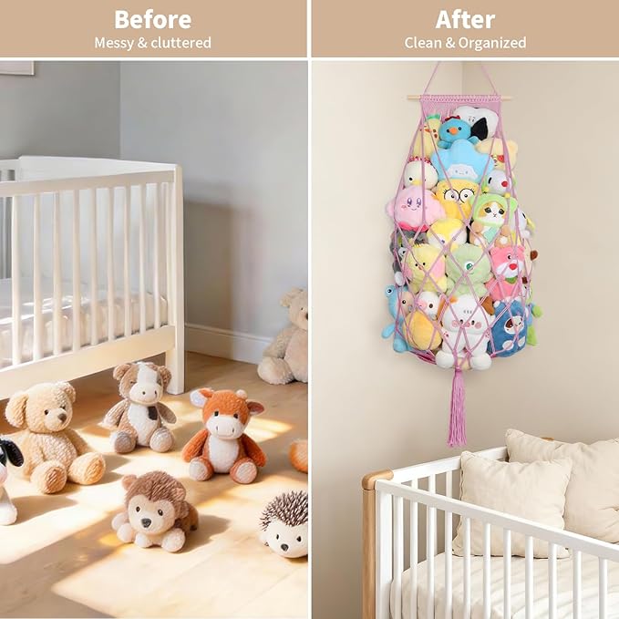 Stuffed Animals Storage Hammock Corner, 70 Inch Jumbo Macrame Plushie Net for Stuffed Animals Organizer, Wall Ceiling Hanging Stuffy Hammock Holder for Kid Boho Nursery Decor Gift (Pink)