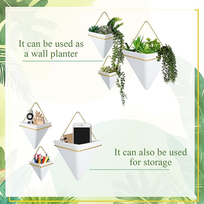 3 Sets Ceramic Wall Hanging Planters Indoor 3 Size Geometric Hanging Planters for Indoor Plants Self Watering Pots with Metal Holder for Air, Cactus, Faux Plants and Home Office Decor