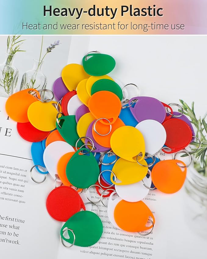 Uniclife 1.5 Inch Colorful Key Tags for Labeling Writable Round Plastic Key Chain Tags with Split Rings Sturdy Item Identifiers in 7 Assorted Colors, 50 Pack