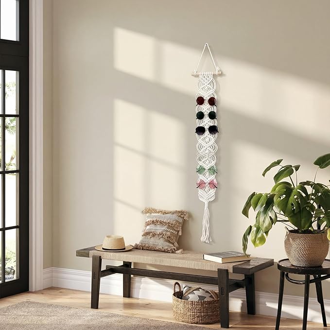 AceOrbit Macrame Sunglasses Holder Boho Wall-Mounted Hanging Sunglasses Organizer Vertical Woven Glasses Holder Display Storage Rack for Bohemian Bedroom Home Office Decor(Classic Style,White)