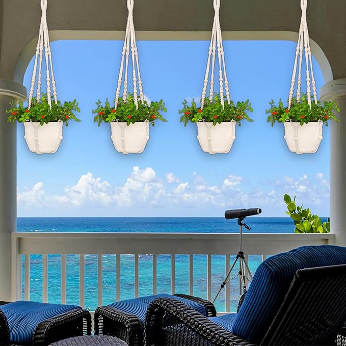petonfun Macrame Plant Hanger Indoor,Hanging Planters for Indoor Plants with 8 Hooks,Outdoor Hanging Plant Holder Crochet for Window,Ceiling Boho Home Decor Basket Pot,White 4 Pack,Ivory
