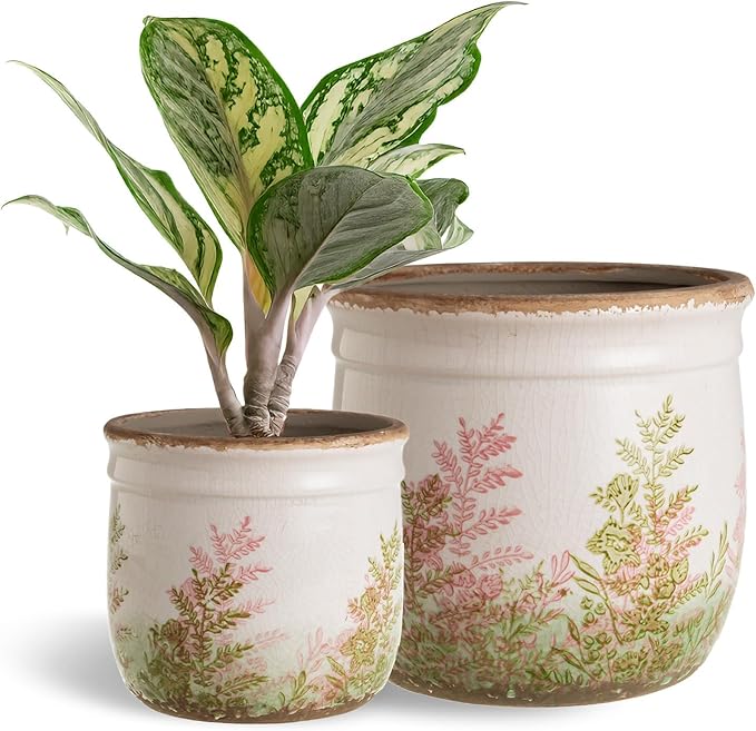 SURE YUESI Vintage Pink & Green Ceramic Planter Set of 2, 4.7” & 5.7” Rustic Flower Pots for Indoor Plants, Decorative Home & Garden Plant Pots
