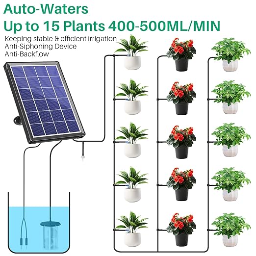 NFESOLAR 4W Solar Automatic Drip Irrigation Kit with LCD Timer, Customizable Watering Duration 1–30min & Interval 3h–7d, Anti-Siphoning Device for Potted Plants, Balcony, Garden, Patio, Vacation