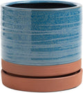 HERDUK 6 Inch Plant Pots, Ceramic Planter Pot with Drainage Hole & Saucer, Indoor/Outdoor Cylinder Round Planter Pot, Aqua Blue & Terracotta Red