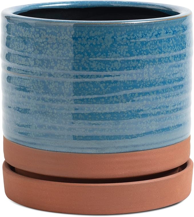 HERDUK 6 Inch Plant Pots, Ceramic Planter Pot with Drainage Hole & Saucer, Indoor/Outdoor Cylinder Round Planter Pot, Aqua Blue & Terracotta Red