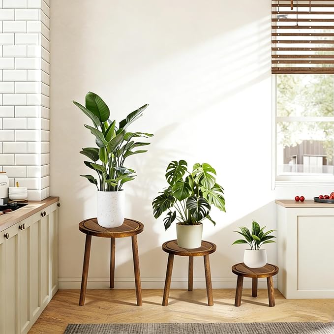 Janedream 3-Pack Wooden Plant Stands, Small Indoor Plant Stool Set, Round Wood Flower Pot Holders for Corner Display, Living Room, Balcony & Office
