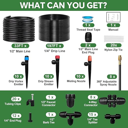 230FT Drip Irrigation System for Garden with 38pcs Adjustable Copper Nozzles & Emitters, Automatic Garden Watering System with 1/2" & 1/4" Tubing for Raised Bed, Yard, Greenhouse, Potted Plants, Lawn