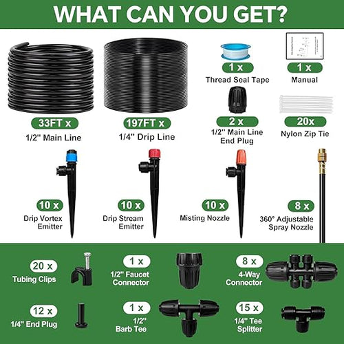 230FT Drip Irrigation System for Garden with 38pcs Adjustable Copper Nozzles & Emitters, Automatic Garden Watering System with 1/2" & 1/4" Tubing for Raised Bed, Yard, Greenhouse, Potted Plants, Lawn
