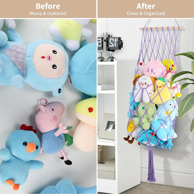 Stuffed Animal Storage Net, 68 Inch Jumbo Macrame Vertical Stuffed Animals Hammock Corner, Wall Ceiling Hanging Stuffy Hammock Plushie Holder Display for Kid Boy Girl Gift Boho Nursery Decor (Purple)