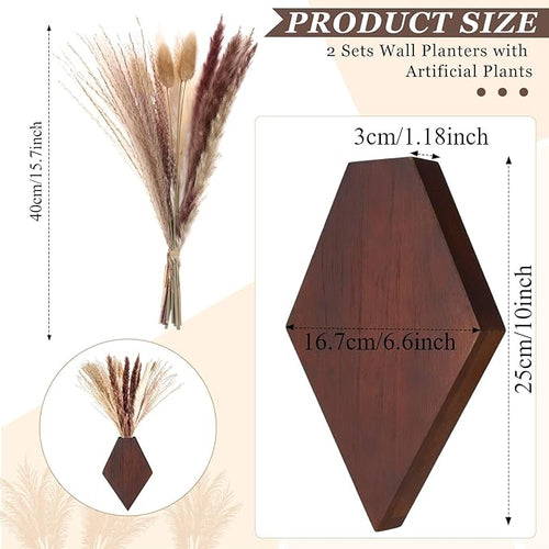 2 Pcs Bohemian Wooden Wall Planter Set with Pampas Grass Modern Farmhouse Wall Decor for Living Room, Bathroom, Bedroom, Office(Brown,Regular Style)