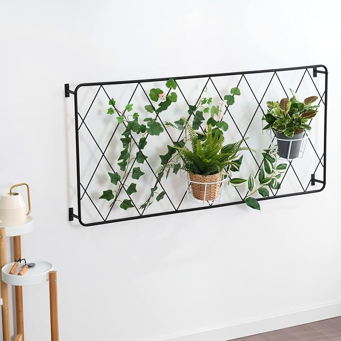 MyGift 50"x24" Wall Mounted Garden Trellis, Black Metal Lattice Panels for Outside, Hanging Lattice Support Frame for Outdoor or Indoor Climbing Plants, 1 Panel