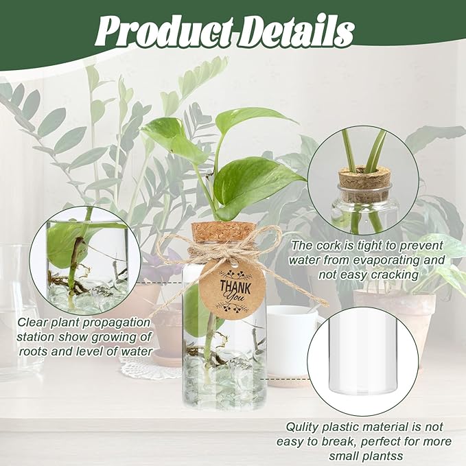 Ysglory 24 Pack 3.54'' Plant Propagation Stations 4oz Plastic Propagation Jars Planter Hydroponic Vase with Hole Lid and Thank You Tags for Plant Lovers Office Home Garden