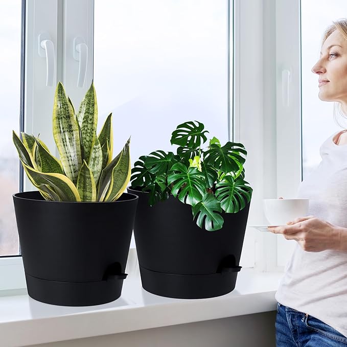 YNNICO 12 Inches Indoor Self Watering Planters with Drainage Holes and Saucers, 4 Pack (Black)
