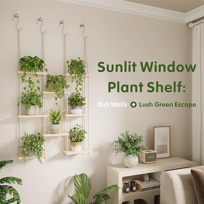 Window Plant Shelves, 8 Tier Window Sill Shelf for Plants, Macrame Hanging Plant Stand Indoor, Plant Hanger Floating Shelves, Window Plants Holder Boho Decor Living Room Bedroom Wall Decor