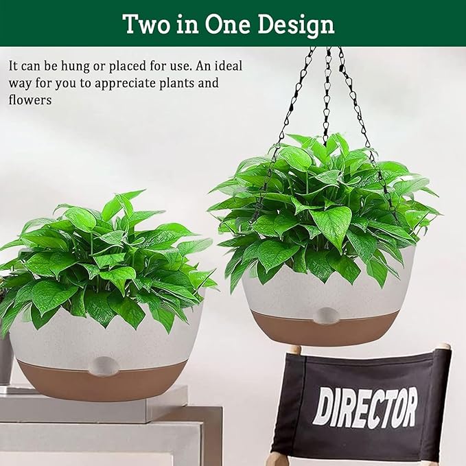 Koalaime 2 Pack Hanging Planters Set,10 Inch Indoor Outdoor Hanging Plant Pot Basket,Hanging Flower Pot with Drainage Hole with 3 Hooks for Garden Home(Caramel Hanger White Planters)