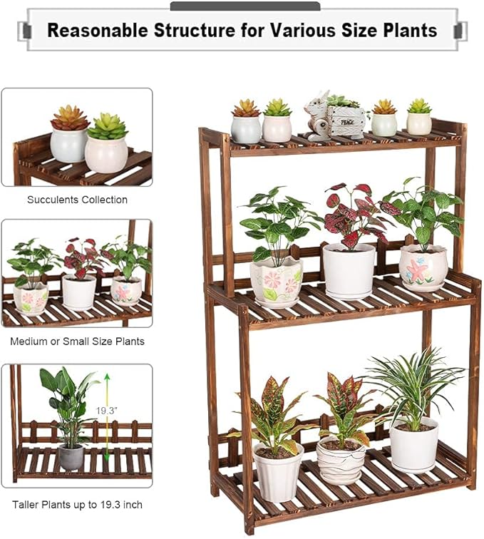 Ufine 3 Tier Wood Plant Stand Vertical Plant Display Shelf Indoor Ourdoor Plant Rack, Balcony Living Room, Kitchen, Porch Organizer Plants Holder