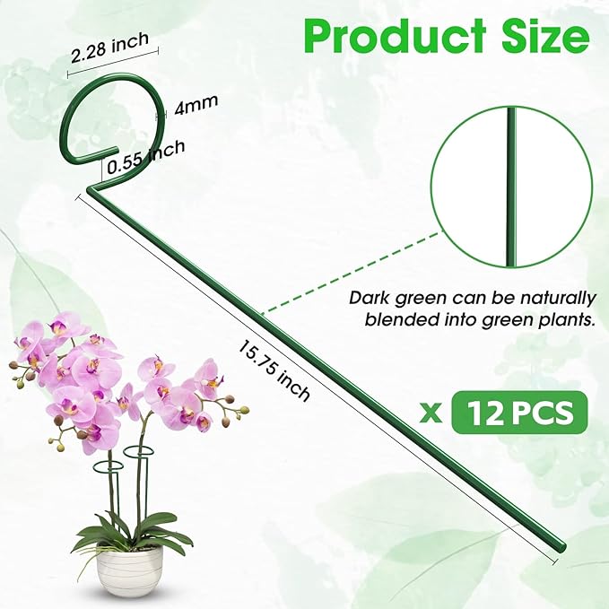 Unves 12 Pack Plant Stakes, 15.75 Inch Green Single Stem Flower Garden Plant Support with 100 Pcs Twist Ties, Plants Cage Support Rings for Amaryllis Orchid Peony Rose
