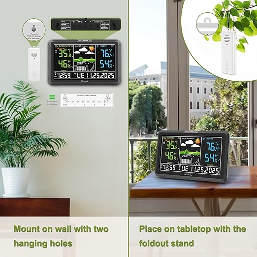 DreamSky Weather Station Indoor Outdoor Thermometer Wireless with Digital Atomic Clock for Home, Large Display with Dimmer, USB Port, Inside Outside Temperature Humidity Monitor (Plug-in)-3 Sensors