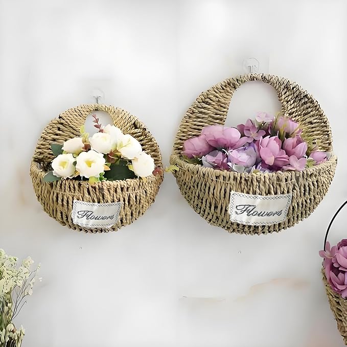 Hand-Woven Seagrass Wall Hanging Basket, Boho Half-Moon Hanging Planter with "Flowers" Label, Rustic Wall Mounted Storage Basket for Plants, Keys, Small Decor (Natural Seagrass)