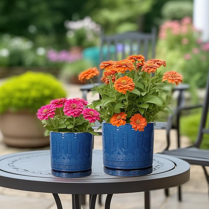 Eightpot Ceramic Planter - 8 Inch Plant Pot Indoor with Drainage Holes and Saucer Round Planter Outdoor Mid-Century Modern Flower Pot Succulent Pot for Home Decor Blue