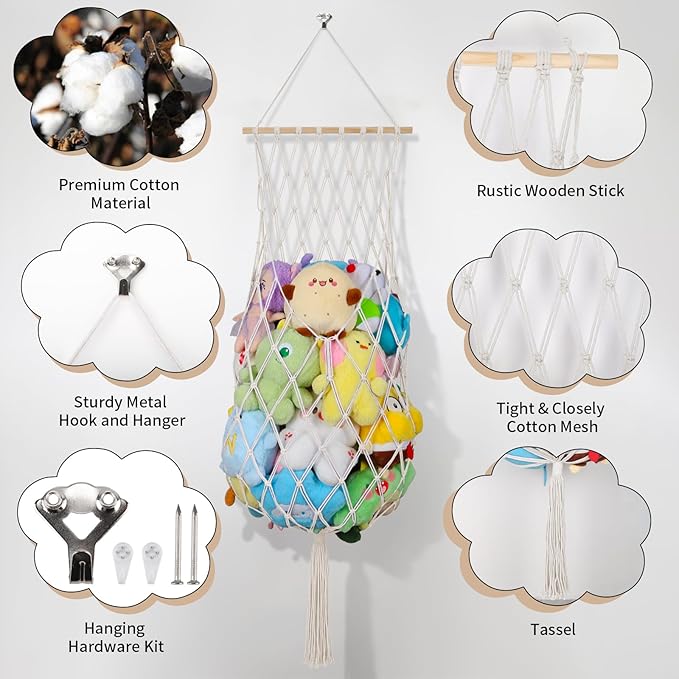 Stuffed Animal Storage Net, 68 Inch Jumbo Macrame Vertical Stuffed Animals Hammock Corner, Wall Ceiling Hanging Stuffy Hammock Plushie Holder Display for Kid Boy Girl Gift Boho Nursery Decor (Cream)