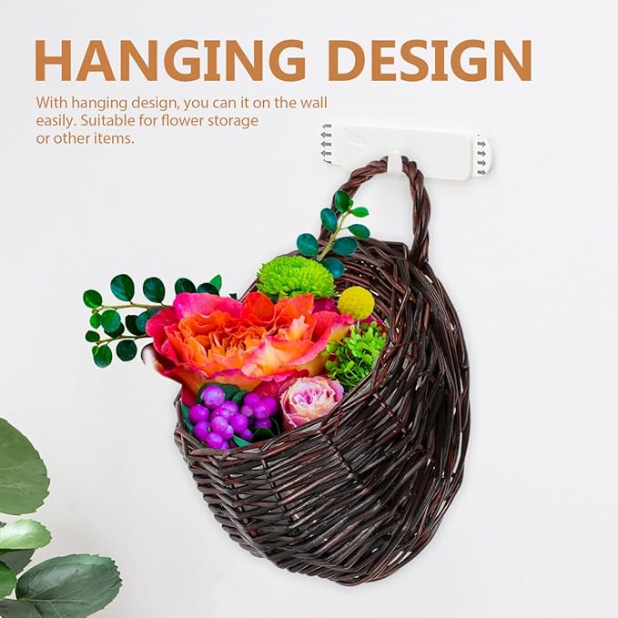 Woven Hanging Basket 9X7X4 Inch Dark Brown Rattan Wall Hanging Planter for Indoor Decorative Flower Storage Kitchen Bathroom Living Room