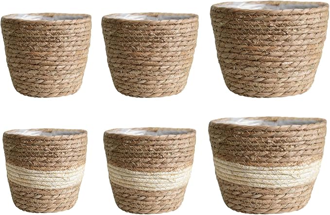 Seagrass Basket Planter, Flower Pot Cover, Storage Basket, Plant Container, Hand Woven, Plastic Liner, Beige, 7 Inch, Indoor/Outdoor