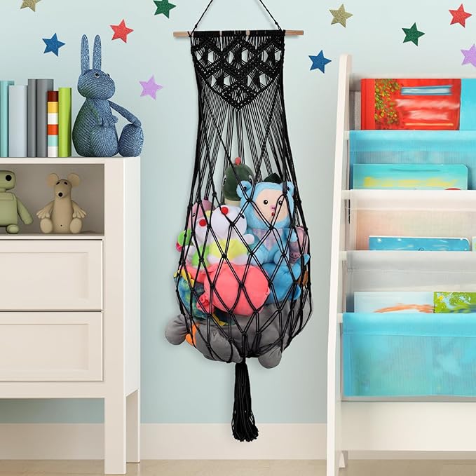 63'' Jumbo Stuffed Animal Storage Hammock Corner, Boho Macrame Stuffy Hammock for Wall Ceiling Over Door Hanging Toy Hammock, Black Plush Toy Net Holder w/ Star Lights for Kids Boys Girls Gift