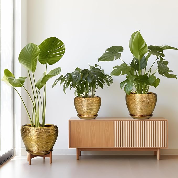 Flower Pots for Indoor & Outdoor Plants - Ceramic Pots 10 Inch, 8 Inch, 6 Inch with Drainage Holes, Saucers - Decorative Large Planters Set of 3 Gold