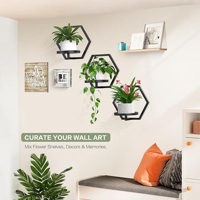 3 Packs Wall Planters for Indoor Plants, 7.9inch Metal Wall Plant Holder Hanger Wall Decor, Wall-Mounted Hanging Planters Window Plant Shelves Outdoor(Black)