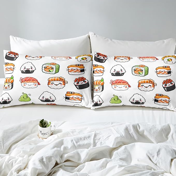 Kids Bed Sheets Full Size Cute Sushi Print Bed Sheet Set for Girls Boys Children Bedroom Kawaii Decor Cartoon Japanese Style Bedding Set Teens Sheets Set with Fitted Sheet, Flat Sheet,2 Pillow Case