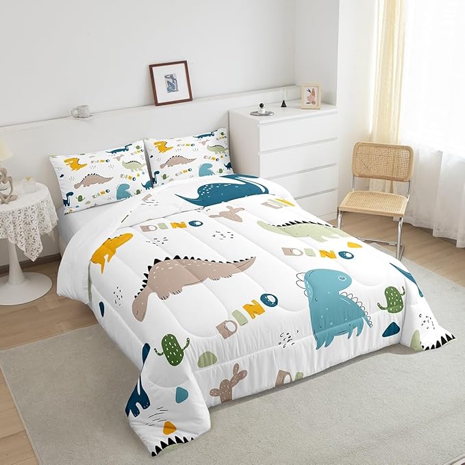 Feelyou Cute Dinosaur Comforter Set Cartoon Cactus Bedding Set Decor Jungle Dino Boho Succulent Comforter Wild Animal Pattern Yellow Grey Duvet Set Bedroom Quilt Set 3Pcs King