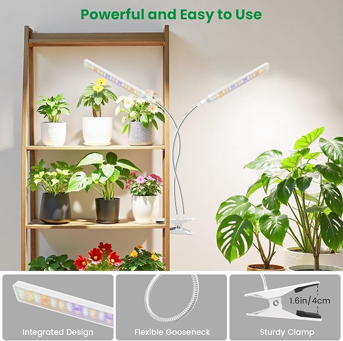 Aumtrly Grow Light Clip on 2 Pack, 228 LED Grow Lights for Indoor Plants Full Spectrum, 2 Head White Arm Grow Lamp with Gooseneck, 6/12/16H Timer, 5 Dimming, 3 Light Mode