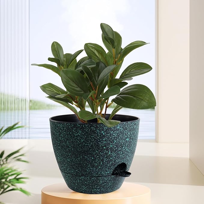 WSMKSZ 12 inch Large Self Watering Pots, Planter, Plant Pots with Mesh Drainage Holes for Indoor Outdoor House Plants and Garden, Plastic Flower Pots with Reservoir, Black with Green Speckles