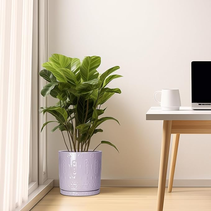 Eightpot 10 Inch Planter, Ceramic Plant Pots for Indoor Outdoor, Round Pot for Plants with Drainage Hole and Sacuer, Boho Plant Pot, Decorative Flower Pots, Living Room Decor, Purple
