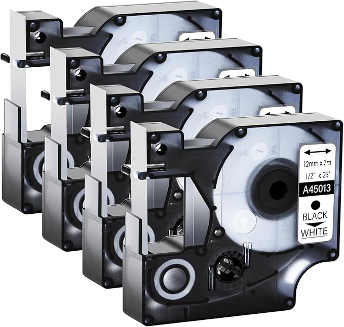 GREENCYCLE 4 Pack Compatible for DYMO D1 45013 S0720530 Label Maker Tape 45013s A45013 Black on White 1/2" (12mm) x 23ft (7m) for DYMO LabelManager 160 210D 260P 280 360D 420P PnP 220P 260P 500TS
