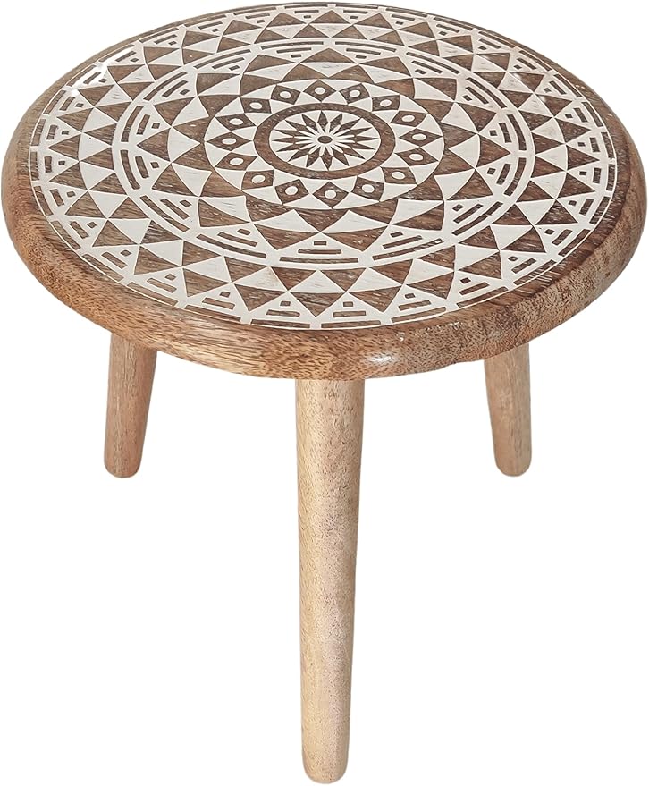 VANIYA CRAFTS® Wooden Engraved Fold-able Round End Table/Side Table/Plant Stand/Stool for Living Room Bedroom Restaurant Kids Play Furniture Table Round Shape (Natural White 5)