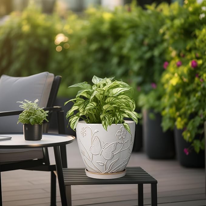 MPotTo 8 Inch Ceramic Pots for Plants Large Planter Pot with Drainage Hole and Saucer Round Flower Pot for Indoor Outdoor Decor, White