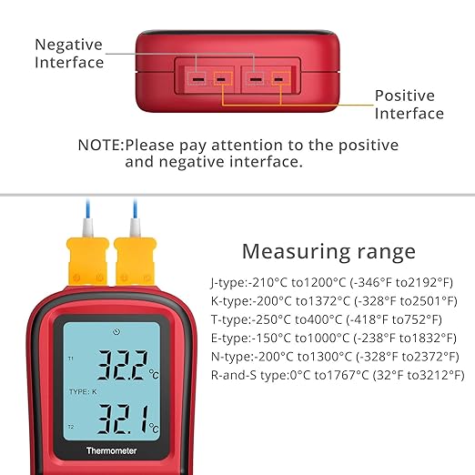 Kamtop Digital Thermometer, Dual Channel Thermometer with Two K Type Thermocouple Probes, High Temperature Meter Dual Measurement Meter Sensor Backlight LCD for K/J/T/E/R/S/N Type