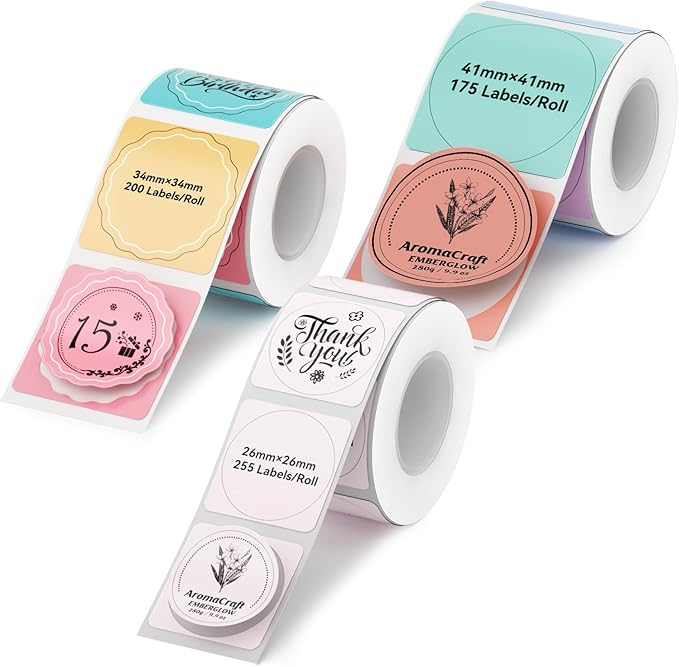 NIIMBOT Thermal Label Tape 3 Rolls, Compatible with B1 B21 B31 Label Maker | Multi-Size Pack, 34x34mm, 41x41mm, 26x26mm Colorful | for Address, Jar, Gift, Logo & File Organization Stickers