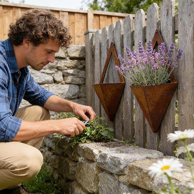 Wall Planter - Hangable Metal Geometric Pot | Diamond-Shaped Vintage Distressed Wall-Mounted Flower Pot | for Succulents Cacti Artificial Plants, Home Garden Decor, Window Door
