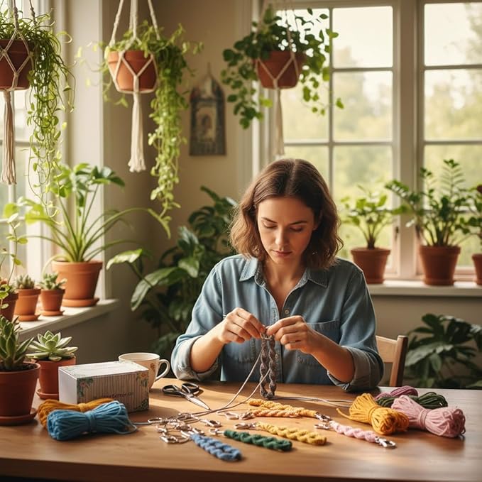 Ewparts Macrame Keychain Kit for Beginner Boho Adult Craft DIY Kits with Precut Macrame Cord 3mm with Instruction Tutorials to Make 8 Macrame Keychains Lanyards for Kids Women Starters DIY Crafts Kit