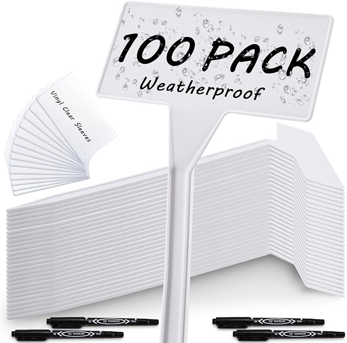 Outdoor Plant Label, 100 Pack Large Waterproof Plastic Plant T-Type Tags, Reusable Nursery Tag for Herbs Flowers Vegetable (White)