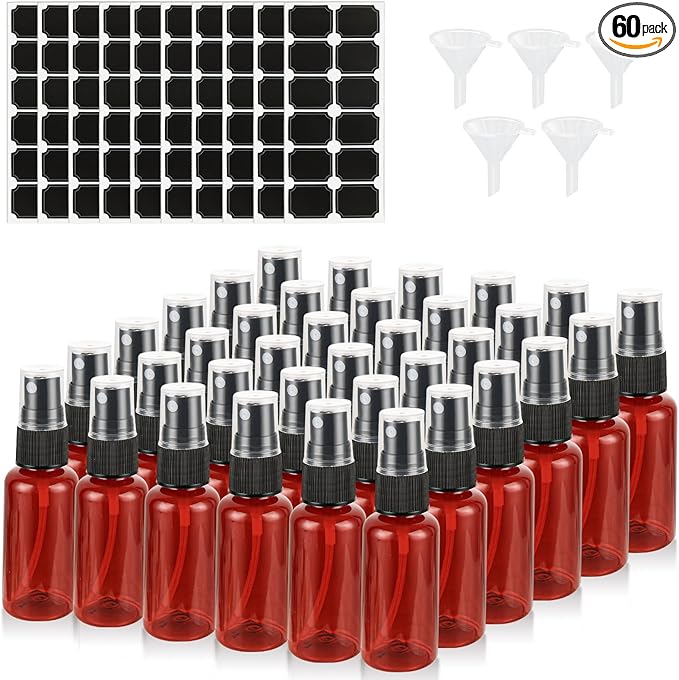 60PCS 1 oz Amber Spray Bottles Mini Spray Bottle Small Spray Bottle Plastic for Essential Oils, with Funnel & Stickers Refillable for Travel Cleaning Beauty