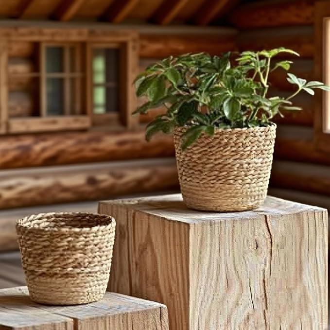 Woven Flower Pot Basket, Seagrass Storage Organizer Planter, Rustic Decorative Plant Containers Cover Laundry Bin for Porch Living Room Entryway (Khaki, 6.1Inch)
