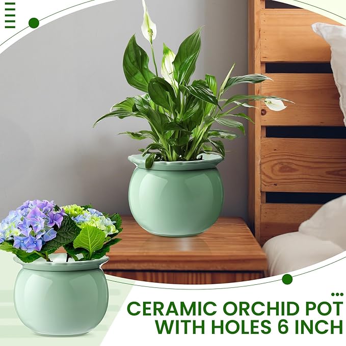 Suclain 2 Pcs African Violet Pots, 6.5 Inch Self Watering Pots for Indoor Flowers and Plants Ceramic Easy Self Watering Plant Pot with Highly Absorbent Inner Planter Pot for Tropical Plants(Green)