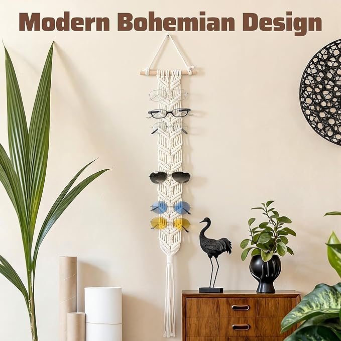 AceOrbit Macrame Sunglasses Holder Boho Wall-Mounted Hanging Sunglasses Organizer Vertical Woven Glasses Holder Display Storage Rack for Bohemian Bedroom Home Office Decor(Elegant Style,White)