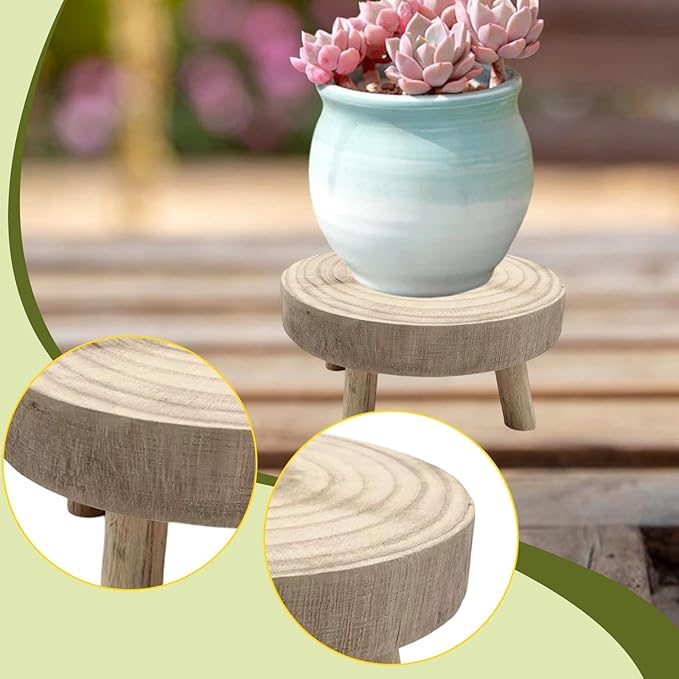 MYCENSE Wooden Stool Plant Stand for Indoor & Outdoor, Sturdy Flower Pot Stands Plants Shelf Potted Rack, Round Footstool, Decoration Racks for Home Office Garden Patio, D Wood 20x9cm