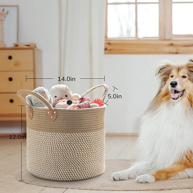 CHICVITA Large Wicker Jute Woven Storage Basket with Handles – Blanket Laundry Basket for Toys Towels Home Decor, White, 14" x 14" x 12"